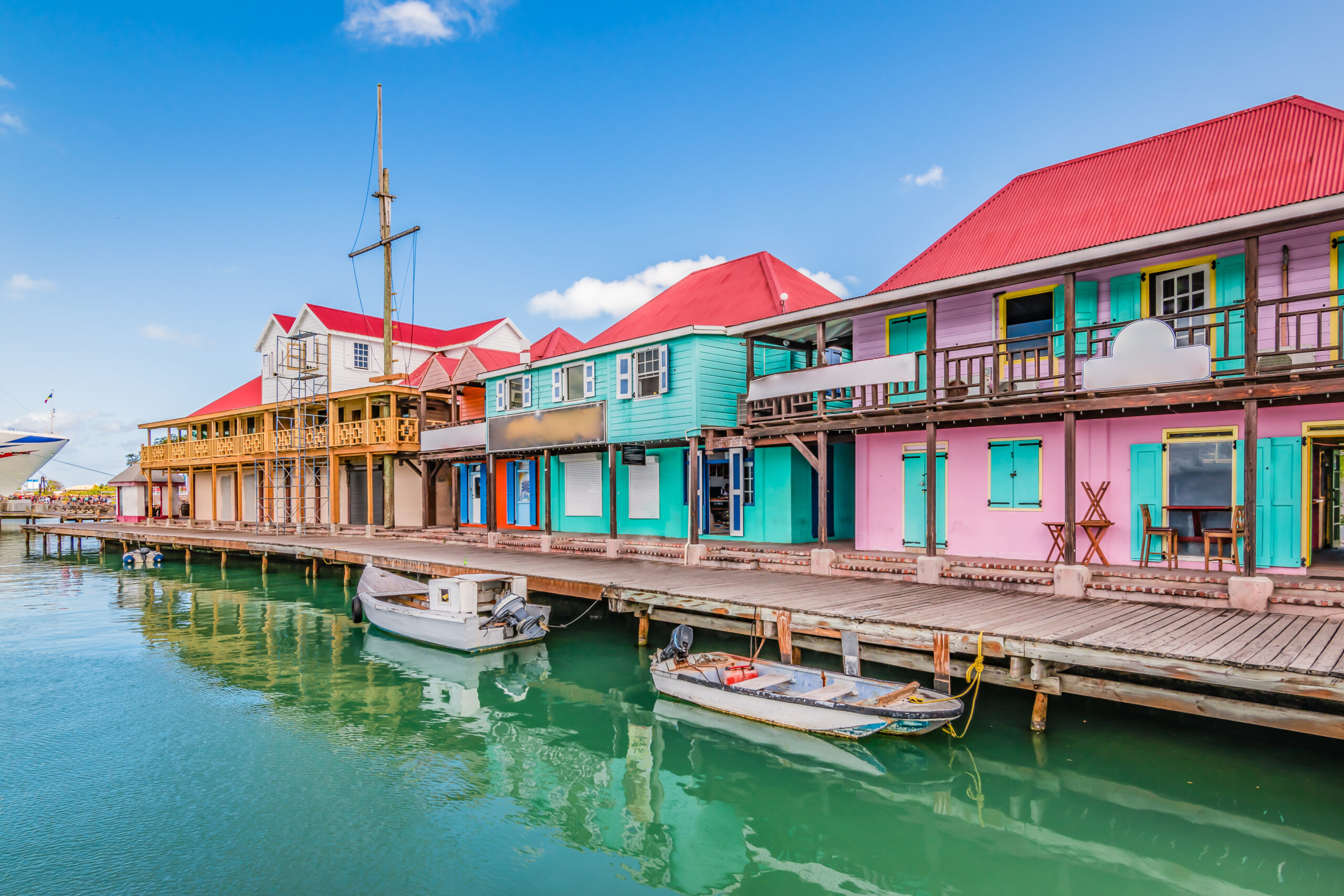 St John’s, Antigua. Colorful buildings at the cruise port.